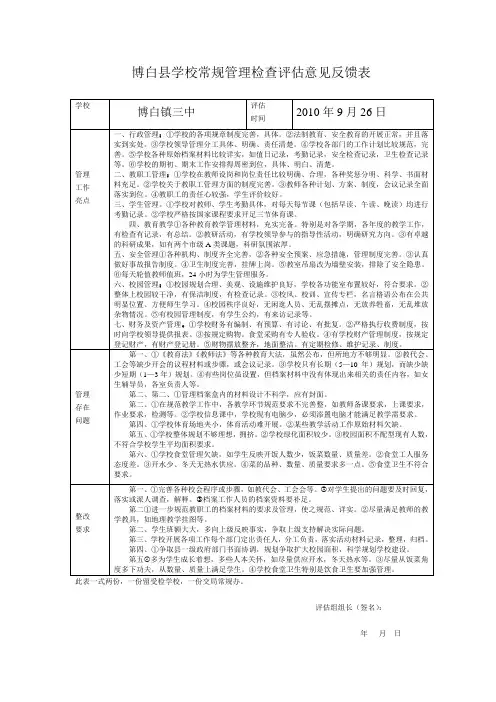 学校常规管理检查评估意见反馈表