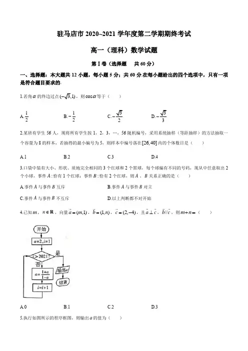 河南省驻马店市2020-2021学年高一下学期期末考试 理科数学 试题 (含答案)
