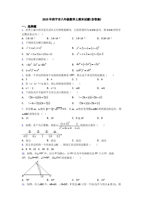 2019年西宁市八年级数学上期末试题(含答案)
