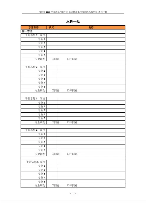 河南省2018年普通高校招生网上志愿填报模拟演练志愿草表_本科一批