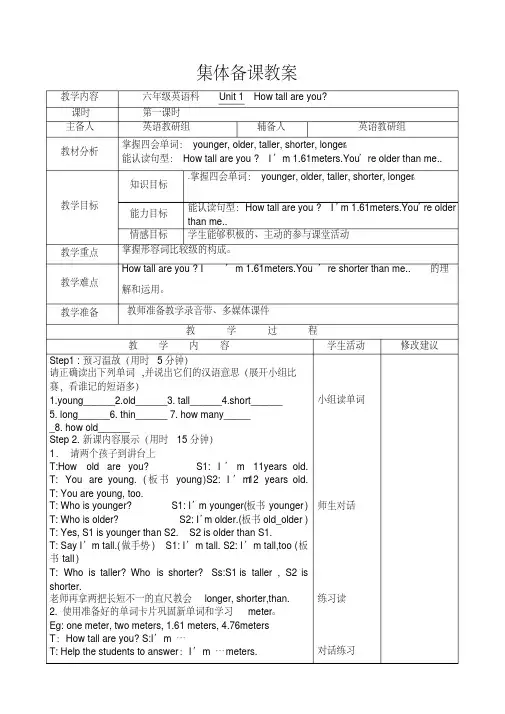 人教版(PEP)小学英语六年级下册全册表格式教案