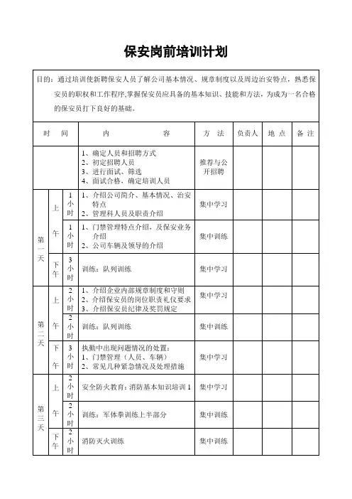 保安岗前培训计划表