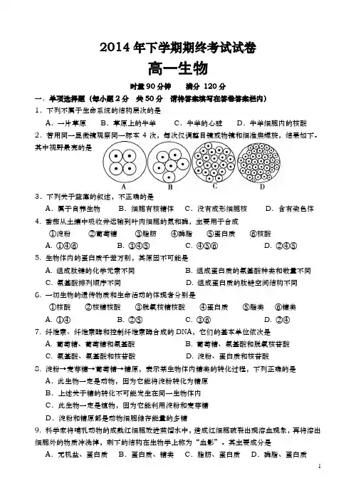2014年下学期高一期终考试试卷