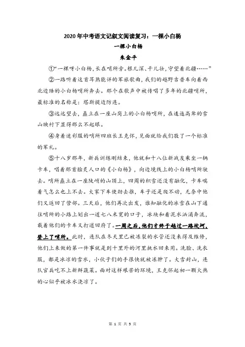 2020年中考语文记叙文阅读复习：一棵小白杨