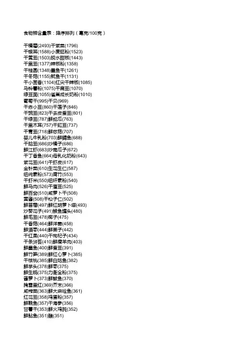 食物钾含量表