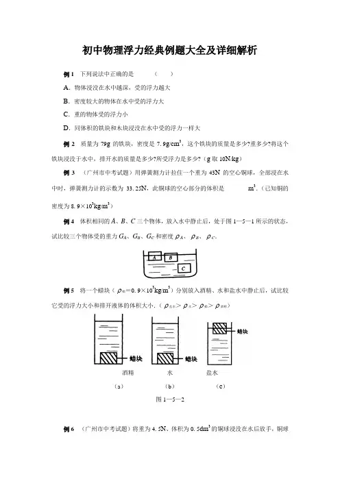 初中物理浮力经典例题大全及详细解析(强烈推荐)改