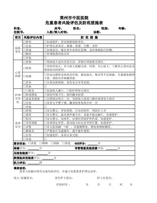 危重患者风险评估及防范措施表 3