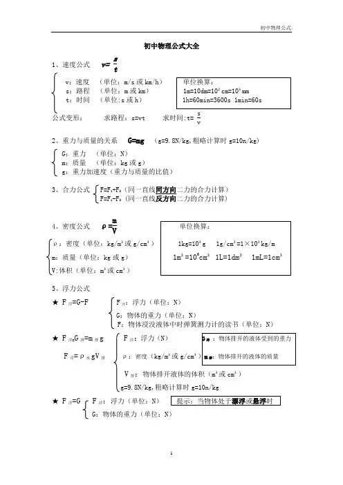 初中物理公式大全