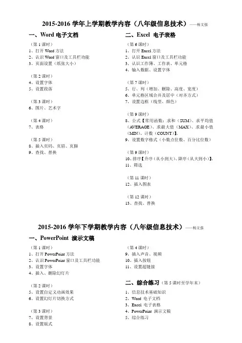 2015-2016学年上学期教学内容