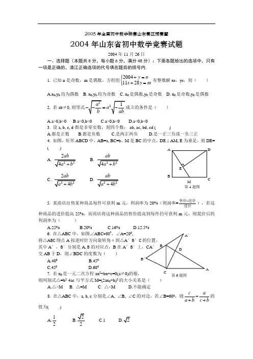 2005年山东省初中数学竞赛预试题及答案