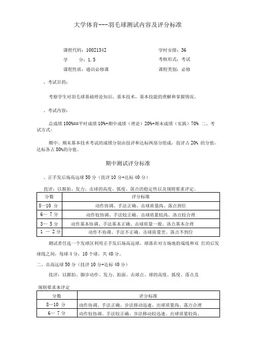 -大学体育——考试评分标准