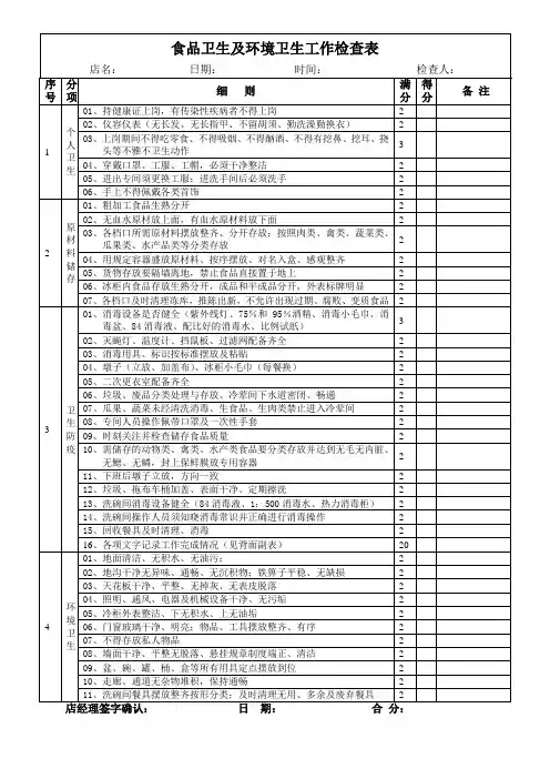 食品卫生及环境卫生工作检查表