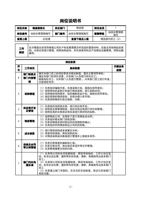 企业物流部岗位说明书