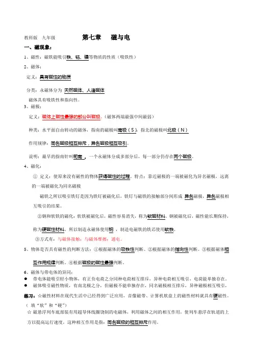 教科版  九年级  第七章   磁与电知识点
