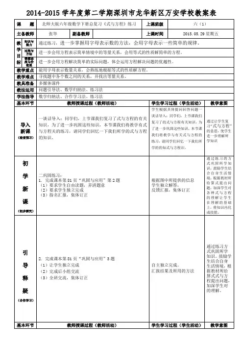 北师大版六年级数学下册总复习《式与方程》练习教案张华