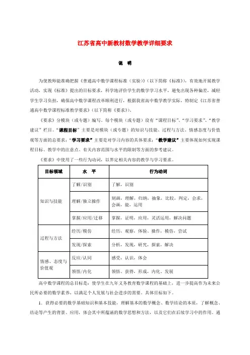 江苏省高中新教材数学教学详细要求 苏教版