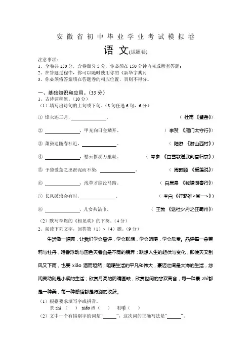 安徽中考语文模拟卷
