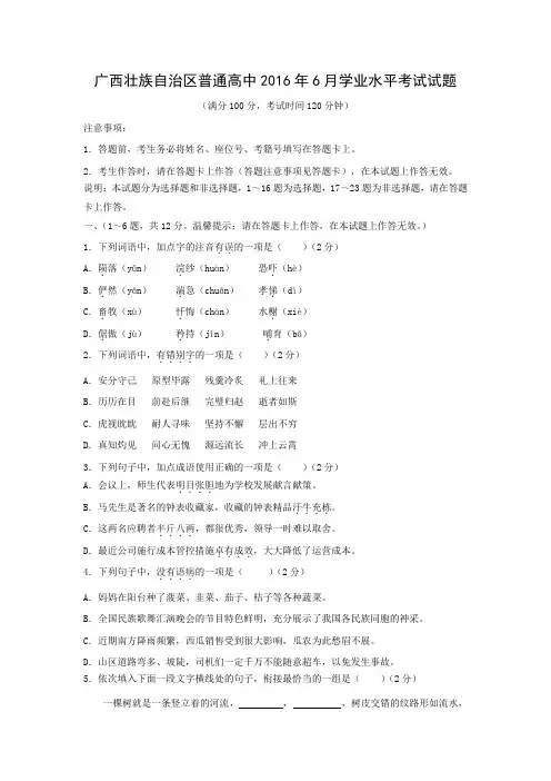 2016年广西壮族自治区普通高中学业水平考试语文试题及答案