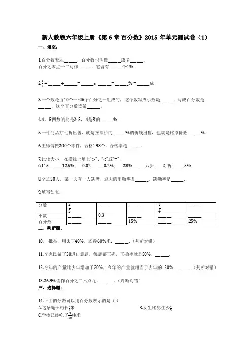 新人教版六年级上册《第6章_百分数》2015年单元测试卷(1)