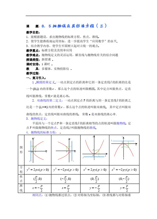 高一数学-第8章圆锥曲线方程(第14课时)抛物线及其标准方程(2) 精品