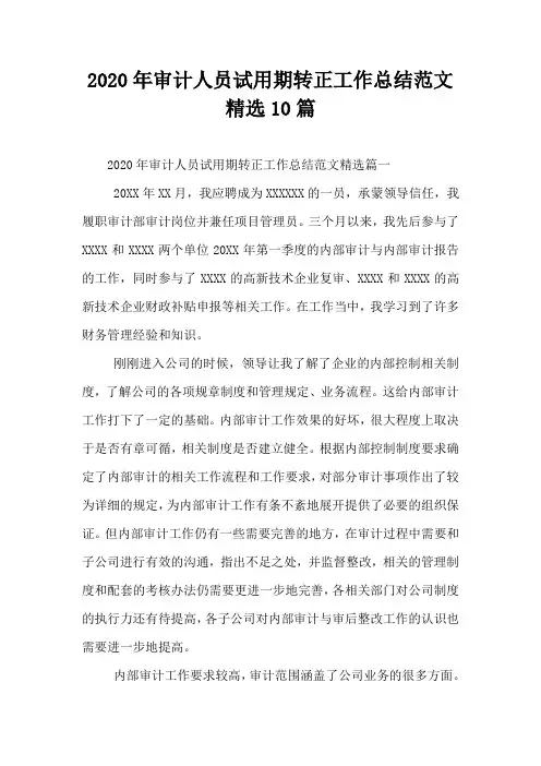 2020年审计人员试用期转正工作总结范文精选10篇