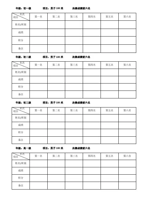 校运会径赛前六名成绩登记表男子(空白表)