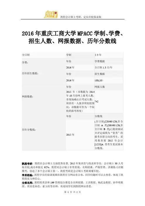 2016年重庆工商大学MPACC学制、学费、招生人数、网报数据、历年分数线
