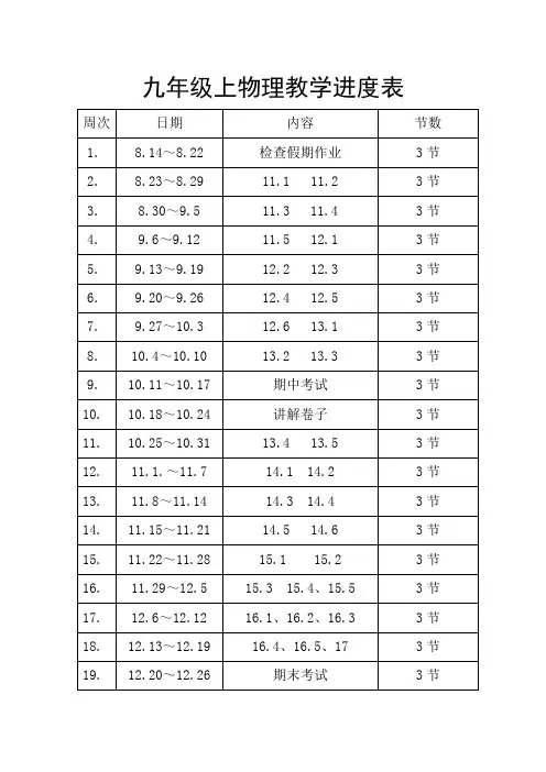 九年级物理教学进度表