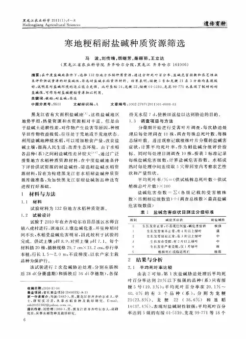 寒地粳稻耐盐碱种质资源筛选