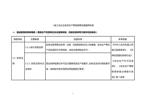 一般工业企业安全生产事故隐患检查通用标准
