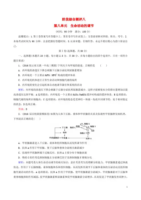 高考生物一轮复习 阶段综合测评 第八单元 生命活动的调节讲解