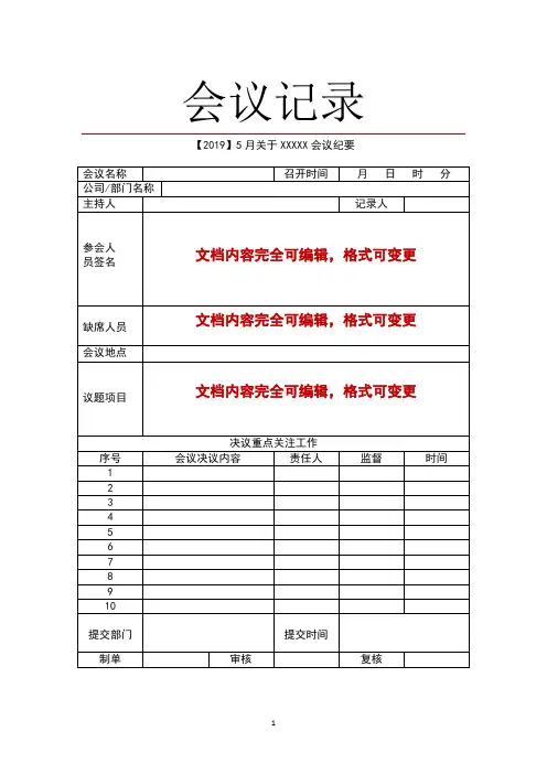 完整word版会议记录表全套