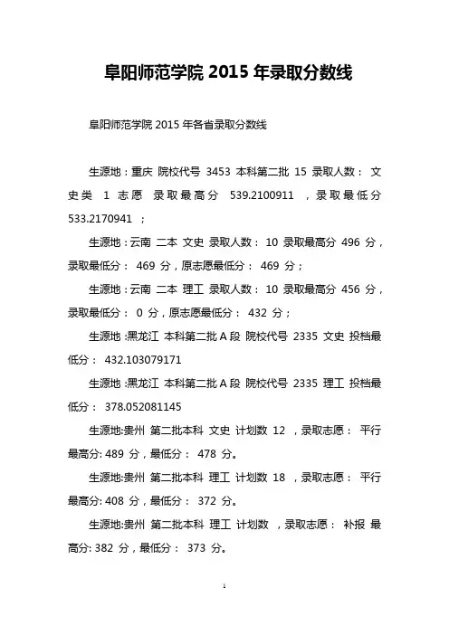 阜阳师范学院2015年录取分数线