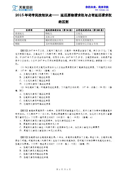 2015年司考民法知识点—— 返还原物请求权与占有返还请求权的区别