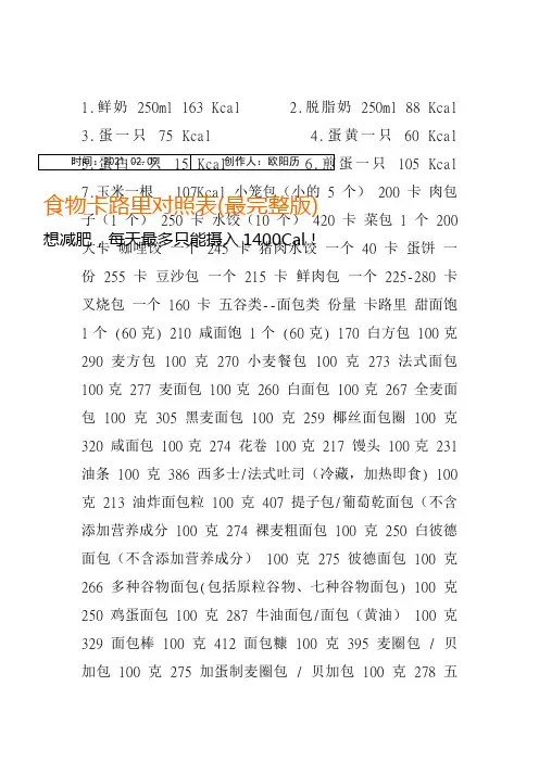 食物卡路里对照表(最完整版)-食物kcal表之欧阳历创编