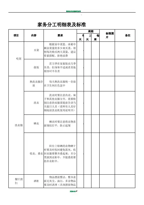 家务分工明细表及标准