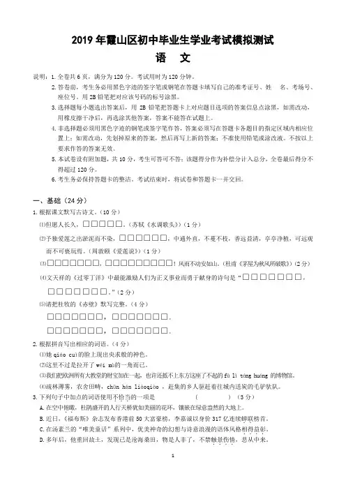 2019年霞山区初中毕业生学业考试模拟测试语文试卷