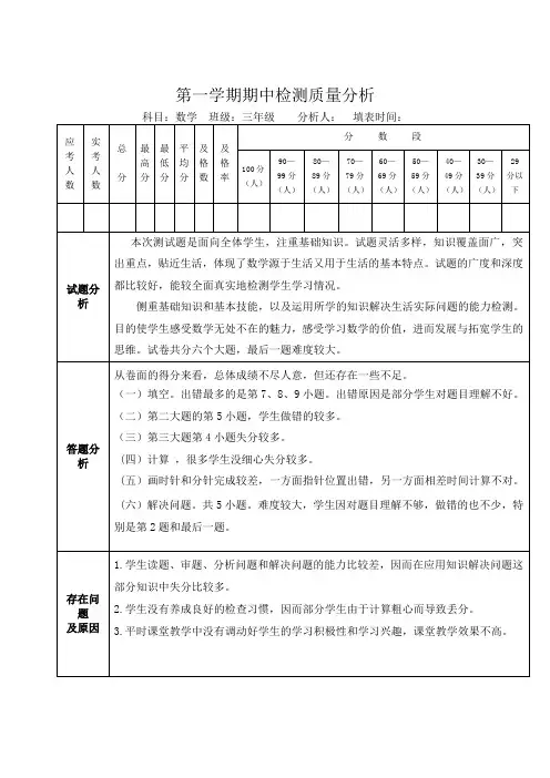 三年级上数学期中试卷分析
