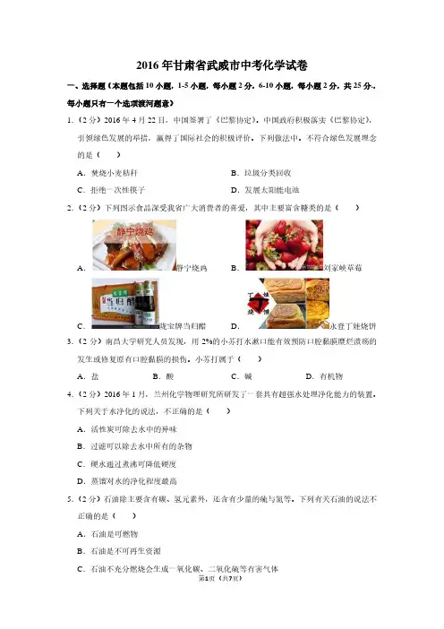 2016年甘肃省武威市中考化学试卷