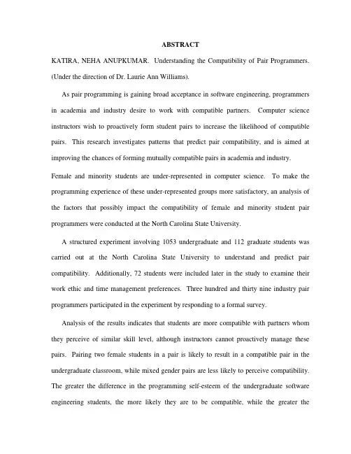 ABSTRACT KATIRA, NEHA ANUPKUMAR. Understanding the Compatibility of Pair Programmers.