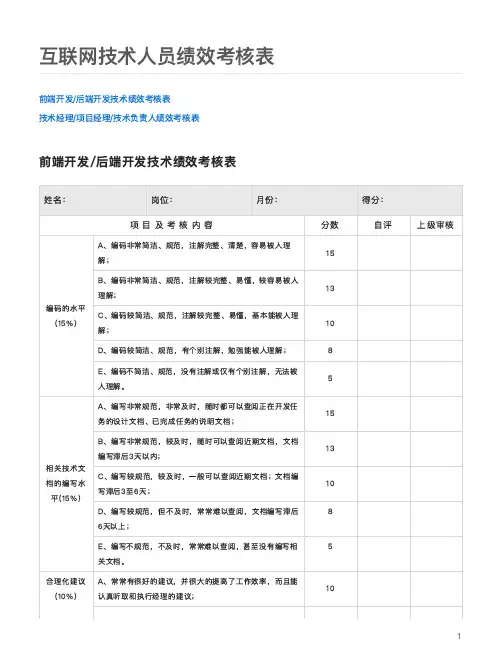 互联网技术人员绩效考核表