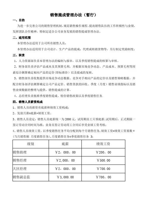 销售提成管理办法(暂行)
