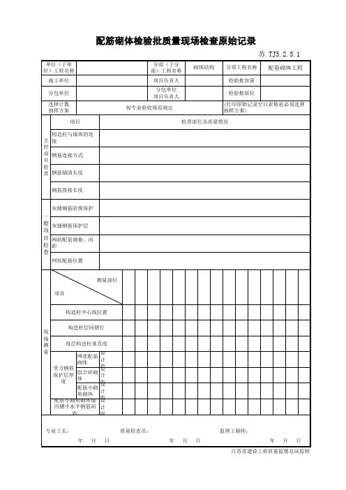 配筋砌体检验批质量现场检查原始记录
