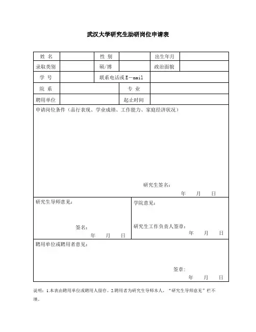 武汉大学 助研岗位申请表