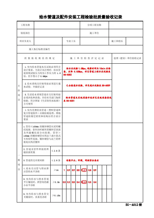 给水管道及配件安装工程检验批质量验收记录