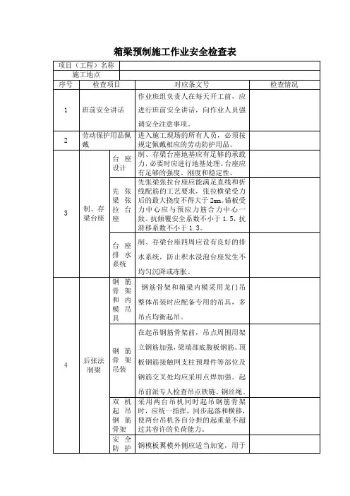 箱梁预制施工作业安全检查表