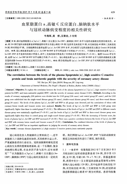 血浆脂蛋白a、高敏C反应蛋白、脑钠肽水平与冠状动脉病变程度的相