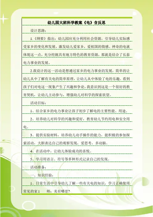 最新幼儿园大班科学教案《电》含反思.doc