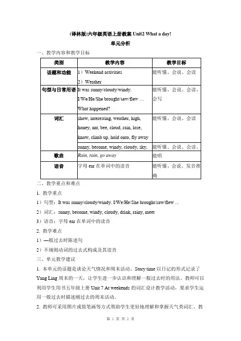 (译林版)六年级英语上册教案Unit2 What a day!_单元分析
