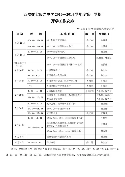 2013-2014学年度第一学期开学工作安排